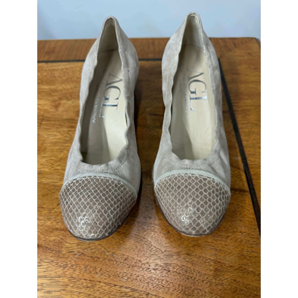 AGL Attilio Giusti Leombruni 38 Metallic Suede Snakeskin Cap Toe Block Heel Pump
